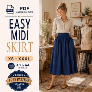 May include: A PDF sewing pattern for an easy midi skirt in sizes XS to XXXL, featuring A0 and A4 formats. The image displays a navy blue midi skirt with a gathered elastic waistband and side pockets, paired with a light beige button-down shirt.