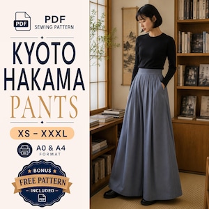 May include: A PDF sewing pattern for Kyoto Hakama pants in sizes XS to XXXL, featuring A0 and A4 formats and a bonus free pattern. The image displays a pair of high-waisted, wide-leg blue pants with front pleats and side pockets.