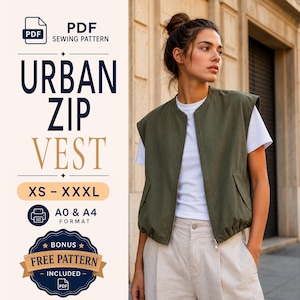 Puede incluir: Un patrón de costura en PDF para un chaleco con cremallera Urban en tallas de XS a XXXL, disponible en formatos A0 y A4. La imagen muestra un chaleco sin mangas de color verde oliva con cremallera sobre una camiseta blanca, con dobladillo elástico.
