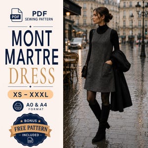 Puede incluir: Un patrón de costura en PDF para el vestido Mont Martre, disponible en tallas XS a XXXL en formatos A0 y A4. La imagen muestra un vestido sin mangas de color gris oscuro con dos bolsillos delanteros, sobre un cuello alto negro y botas.