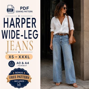 Peut inclure: Un patron de couture PDF pour le jean large Harper en tailles XS-XXXL, incluant les formats A0 et A4 ainsi qu'un patron gratuit en bonus. L'image montre une chemise blanche, un jean large bleu clair, une ceinture marron et un sac à bandoulière.