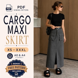 May include: A PDF sewing pattern for a cargo maxi skirt in sizes XS to XXXL, featuring A0 and A4 formats. The image displays a dark gray cargo maxi skirt with two front pockets and a center front slit, paired with a black short-sleeved crop top.