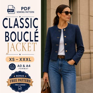 Peut inclure: Une veste en bouclé bleu marine avec une encolure ronde et quatre boutons dorés. Le texte sur l'image indique : PDF SEWING PATTERN, CLASSIC BOUCLÉ JACKET, XS - XXXL, A0 & A4 FORMAT, BONUS FREE PATTERN INCLUDED. La veste est portée sur un haut blanc.