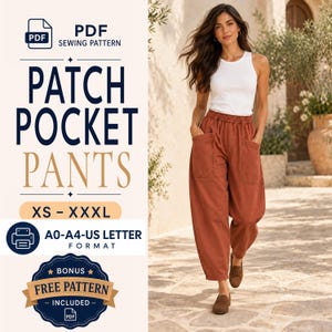 Patrón de costura para pantalones con bolsillos de parche / Patrón de pantalones de mujer / Patrón de pantalones para mujer / Patrón de pantalones / Patrón de pantalones de pierna ancha / Pantalones de tiro bajo