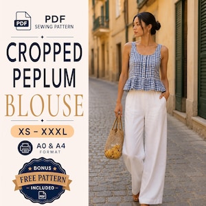 May include: A PDF sewing pattern for a cropped peplum blouse with a blue and white gingham check pattern. The text reads: PDF SEWING PATTERN, CROPPED PEPLUM BLOUSE, XS - XXXL, A0 & A4 FORMAT, BONUS FREE PATTERN INCLUDED. The blouse has a scoop neck and buttons.