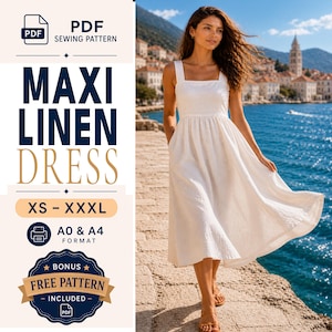 May include: A white sleeveless linen maxi dress with a square neckline and a full skirt. The text on the image reads: PDF SEWING PATTERN, MAXI LINEN DRESS, XS - XXXL, A0 & A4 FORMAT, BONUS FREE PATTERN INCLUDED.