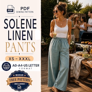 May include: A PDF sewing pattern for Solene Linen Pants, available in sizes XS to XXXL in A0, A4, and US Letter formats. The image displays a person wearing wide-leg, light blue linen pants with a drawstring waist and a white tank top.