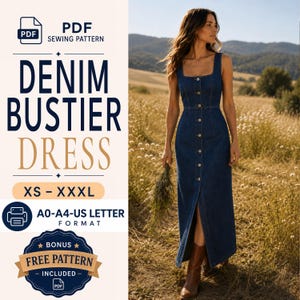 Pode incluir: Molde de costura em PDF para vestido bustier de ganga, tamanhos XS-XXXL, em formatos A0, A4 e carta dos EUA. A imagem mostra um vestido midi de ganga azul escuro com decote quadrado, fecho frontal de botões e racha, mais um molde bónus.