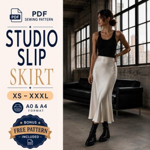 May include: A PDF sewing pattern for a studio slip skirt in sizes XS to XXXL, featuring A0 and A4 formats. The image displays a long, cream-colored satin skirt paired with a black tank top and black boots, with text indicating a bonus free pattern.