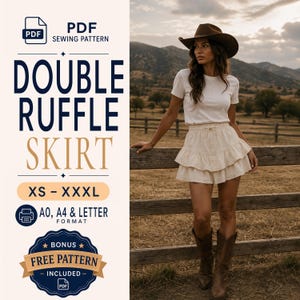 May include: A PDF sewing pattern for a double ruffle skirt in sizes XS to XXXL, available in A0, A4, and letter formats. The pattern includes a bonus free PDF pattern. The design features a short, cream-colored skirt with two horizontal ruffles.