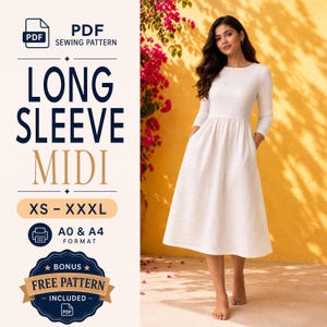 May include: A PDF sewing pattern for a long sleeve midi dress in sizes XS to XXXL, available in A0 and A4 formats. The pattern includes a bonus free pattern. The image displays a white long sleeve midi dress with a fitted bodice and a full skirt.