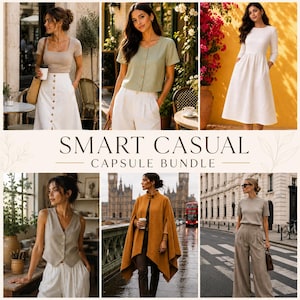 Könnte beinhalten: Eine Kollektion von Kleidungsstücken mit der Aufschrift SMART CASUAL CAPSULE BUNDLE, darunter ein beiges Oberteil mit eckigem Ausschnitt, ein weißer Rock mit Knopfleiste, ein salbeigrünes Hemd, eine weiße Hose, ein weißes Midikleid, eine graue Weste, ein beiger Umhang und eine graue weite Hose.