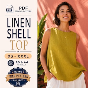 Könnte beinhalten: Ein PDF-Schnittmuster für ein ärmelloses Leinen-Top in den Größen XS bis XXXL, verfügbar in A0- und A4-Formaten. Der Text lautet PDF SEWING PATTERN, LINEN SHELL TOP, XS - XXXL, A0 & A4 FORMAT und BONUS FREE PATTERN INCLUDED.