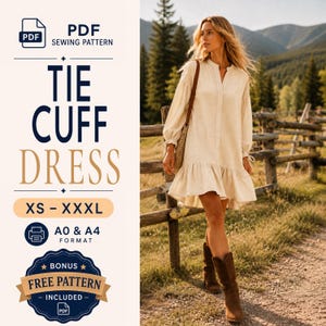 Puede incluir: Un patrón de costura en PDF para un vestido con puños de lazo en tallas XS a XXXL, disponible en formatos A0 y A4. El diseño presenta un vestido color crema de manga larga con dobladillo de volantes, frente abotonado y lazos en los puños.