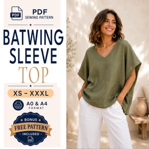 Puede incluir: Un patrón de costura en PDF para una blusa con mangas murciélago en tallas XS a XXXL, disponible en formatos A0 y A4 con un patrón gratuito adicional incluido. La imagen muestra una blusa verde oliva con cuello en V y mangas anchas con pantalón blanco.