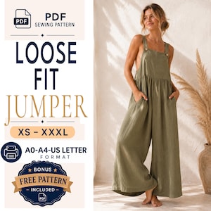 May include: A loose-fit olive green jumper featuring wide legs, side pockets, and button-fastened shoulder straps. The text reads: PDF SEWING PATTERN, LOOSE FIT JUMPER, XS - XXXL, A0-A4-US LETTER FORMAT, BONUS FREE PATTERN INCLUDED.
