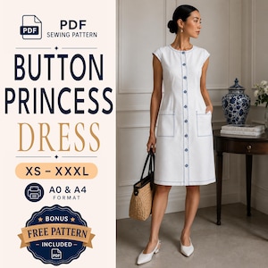 Puede incluir: Un vestido blanco hasta la rodilla con cuello redondo, mangas cortas y una tapeta de botones frontal con costuras azules en contraste. El vestido incluye dos bolsillos delanteros. El texto en la imagen dice: PDF SEWING PATTERN BUTTON PRINCESS DRESS.
