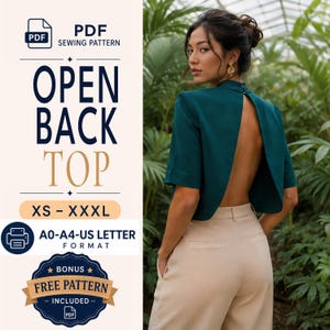 Può includere: Un cartamodello PDF per un top con schiena scoperta nelle taglie dalla XS alla XXXL, disponibile nei formati A0, A4 e US Letter. Il design presenta un top a maniche corte color verde ottanio scuro con collo alto e schiena aperta, abbinato a pantaloni beige.