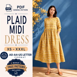 Op de afbeelding: Een geel en wit geruite midi-jurk met lange mouwen en een geplooide taille. De tekst aan de linkerkant luidt PDF SEWING PATTERN, PLAID MIDI DRESS, XS - XXXL, A0-A4-US LETTER FORMAT en BONUS FREE PATTERN INCLUDED.