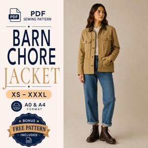Pode incluir: Um molde de costura em PDF para uma jaqueta de trabalho bege com gola verde-escura, fecho de botões e dois bolsos no peito. O texto diz: PDF SEWING PATTERN, BARN CHORE JACKET, XS - XXXL, A0 & A4 FORMAT, BONUS FREE PATTERN INCLUDED.