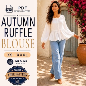May include: A PDF sewing pattern for an Autumn Ruffle Blouse in sizes XS to XXXL, available in A0 and A4 formats. The pattern includes a bonus free PDF pattern. The design features a long-sleeved white blouse with a ruffled peplum waist.