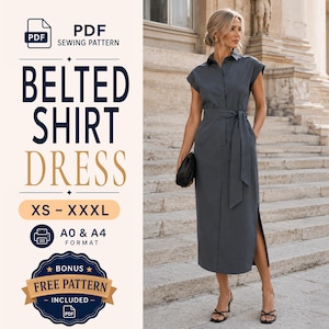 May include: A dark gray midi-length shirt dress with a collared neckline, short sleeves, and a matching fabric tie belt at the waist. The dress features a button-down front, side pockets, and a side slit. Text on the image reads PDF SEWING PATTERN BELTED SHIRT DRESS XS - XXXL A0 & A4 FORMAT BONUS FREE PATTERN INCLUDED.