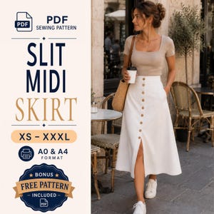Puede incluir: Un patrón de costura en PDF para una falda midi blanca con cierre de botones frontal y una abertura. El texto dice PDF SEWING PATTERN, SLIT MIDI SKIRT, XS - XXXL, A0 & A4 FORMAT y BONUS FREE PATTERN INCLUDED. La falda es de color blanco.