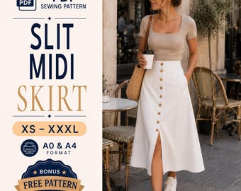 May include: A PDF sewing pattern for a white midi skirt with a front button closure and a slit. The text reads PDF SEWING PATTERN, SLIT MIDI SKIRT, XS - XXXL, A0 & A4 FORMAT, and BONUS FREE PATTERN INCLUDED. The skirt is shown in a white color.