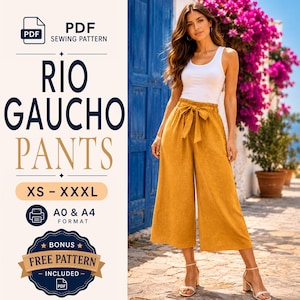 Puede incluir: Un patrón de costura en PDF para pantalones Rio Gaucho en tallas de XS a XXXL, con formatos A0 y A4. La imagen muestra una camiseta sin mangas blanca y pantalones anchos de color amarillo mostaza con cintura alta elástica y lazo.