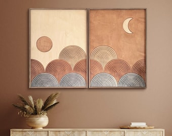 Abstract Wall Art FRAMED, textured paint on wood, 2 panel Mid Century Modern Day and Night, Boho Geometric Art, Living Room Above Bed Decor