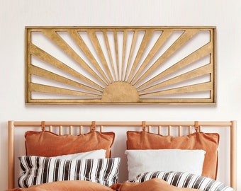 Boho minimalistische houten zonfoto in een frame, houten opengewerkte foto van de zon, zonsopgang, zonsondergang, foto voor de woonkamer, slaapkamer boven het bed