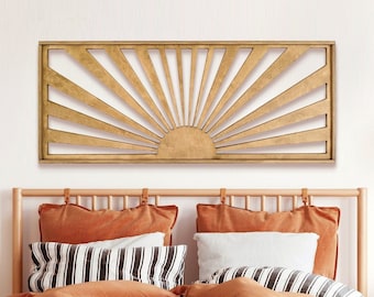 Boho minimalistische houten zonfoto in een frame, houten opengewerkte foto van de zon, zonsopgang, zonsondergang, foto voor de woonkamer, slaapkamer boven het bed