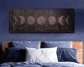 Moon Phases Wooden Wall Art FRAMED, Aesthetic Wall Decor, Lunar Eclipse, Boho Minimalist Design, Geometric Line Art, Oversized, Apartment