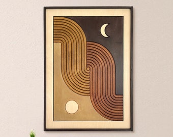 Sun and Moon Wood Wall Art FRAMED, Mid Century Modern Abstract Art, Decorative Minimalist Boho Wall Art Design, 3D Geometric Eclectic Art