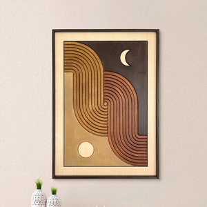 Sun and Moon Wood Wall Art FRAMED, Mid Century Modern Abstract Art, Decorative Minimalist Boho Wall Art Design, 3D Geometric Eclectic Art