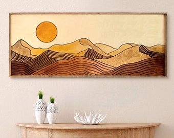 Desert Sun Panoramic Wood Wall Art, Wood Carving Wall Art, Earth Tone Dunes Wall Art, Watercolor Landscape Art, Terracotta Boho wall decor