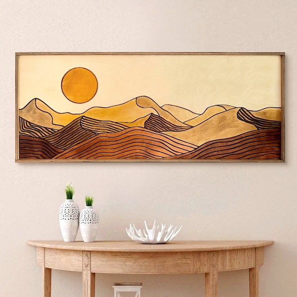 Desert Sun Panoramic Wood Wall Art, Wood Carving Wall Art, Earth Tone Dunes Wall Art, Watercolor Landscape Art, Terracotta Boho wall decor