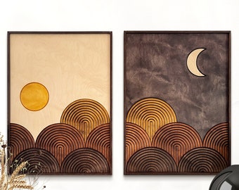 Mid-Century Modern Sun and Moon Wood Wall Art FRAMED, Retro Vintage 70s Decor, 3D Wall Panels, Geometric Set of 2 Wall Art, Mid Century Home