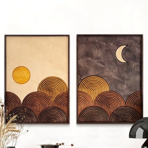 Mid-Century Modern Sun and Moon Wood Wall Art FRAMED, Retro Vintage 70s Decor, 3D Wall Panels, Geometric Set of 2 Wall Art, Mid Century Home