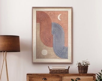 Day and Night Wooden Wall Art WITH FRAME, Mid-Century Modern, Boho Line Wall Art, Geometric Retro Design,Apartment Living Room Bedroom Decor