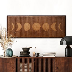 Framed Wood Wall Art Moon Phases, Moon Wall Art, Boho Rustic Geometric Line Art, Minimalist design,Celestial,Lunar Eclipse,Living Room Decor