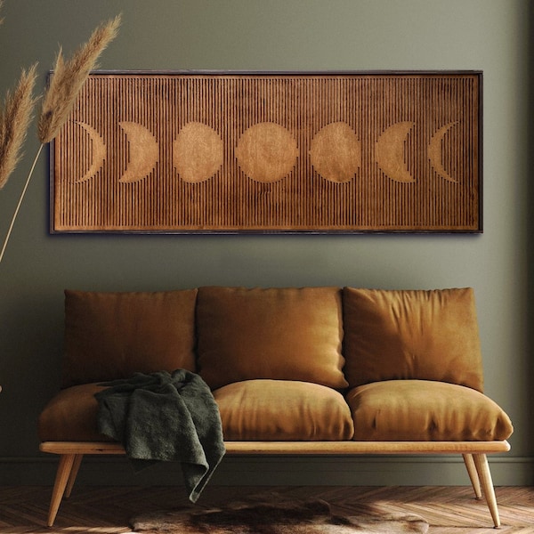 Framed Wooden Wall Art Moon Phases, Boho Rustic, Geometric Line Art, Minimalist design, Celestial, Lunar Eclipse,Living Room Above Bed Decor