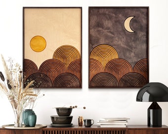 TEXTURED Day and Night 2 piece Wood Wall Art Set FRAMED, Mid-Century Modern,Boho, Oversized Line Wall Art, Apartment Living Room Decor