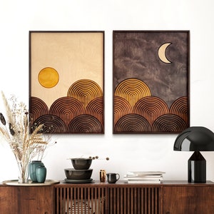 TEXTURED Day and Night 2 piece Wood Wall Art Set FRAMED, Mid-Century Modern,Boho, Oversized Line Wall Art, Apartment Living Room Decor