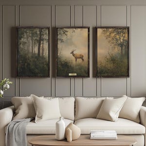 Wandkunst Set von 3 Rehen im Wald, gerahmte Leinwand, rustikale Vintage Naturszene für Wohnzimmer, Geschenk für Jäger oder Papa