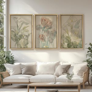 Gerahmte botanische Wandkunst, Aquarellmalerei-Wandkunst, 3-er-Set Drucke, Pastellblumenmalerei, Blumenwandkunst für Frau-Mama-Großmutter