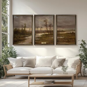 Quadro rustico da parete a 3 pannelli con dedica, paesaggio fluviale al tramonto, set di tele vintage incorniciate per papà e nonno, decorazione per soggiorno e corridoio
