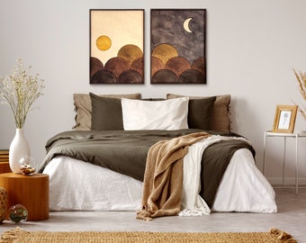 TEXTURED Day and Night 2 Piece Wood Wall Art Set FRAMED, Mid
