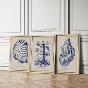 Framed Seashells Coastal Wall Art with Lighthouse, Set of 3 Blue Beige Vintage Sea Shell Art Prints, Beach House Wall Decor Sea Art Prints