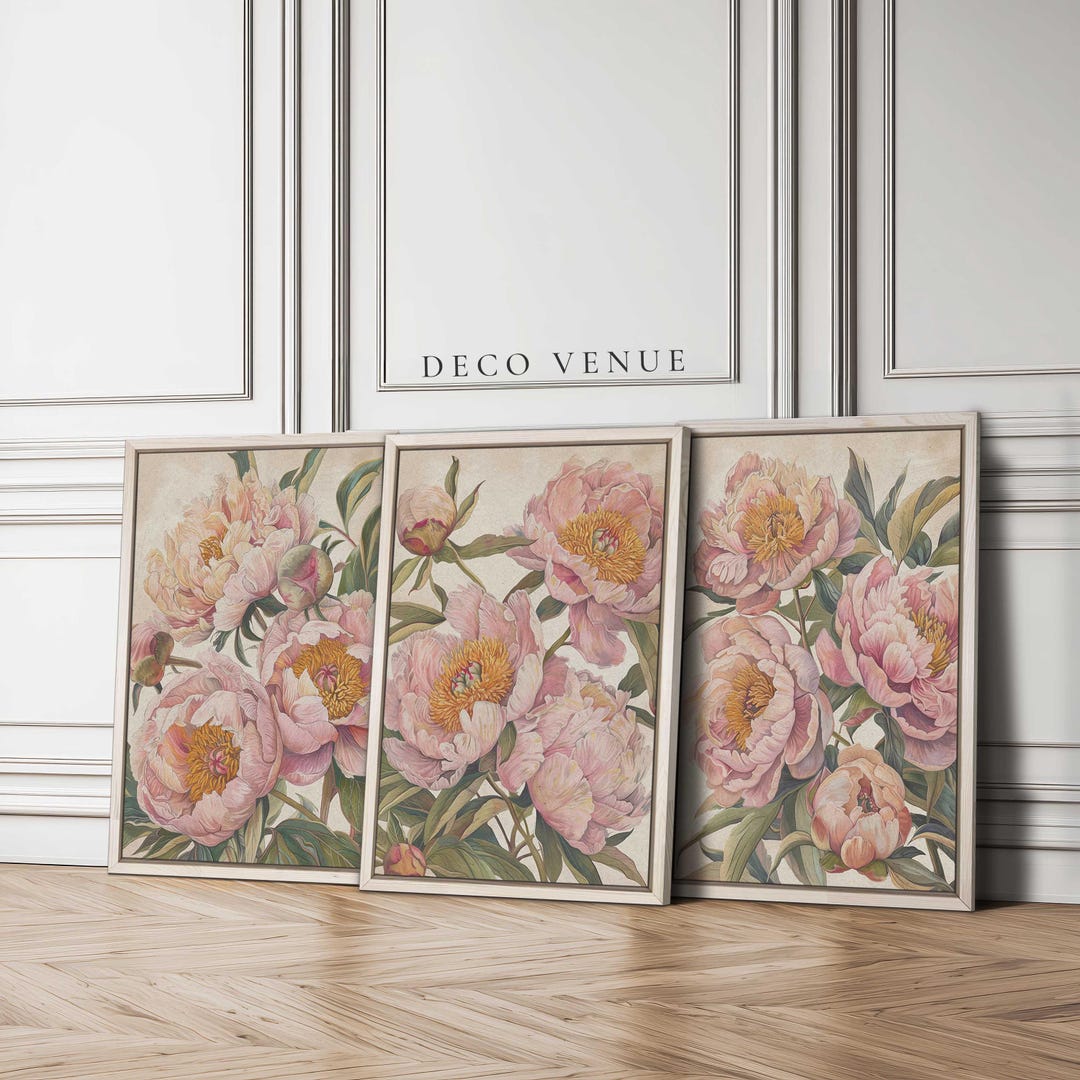 3 Pink Peonies Paintings Framed Wall Art 3 Pieces Vintage Floral Art ...